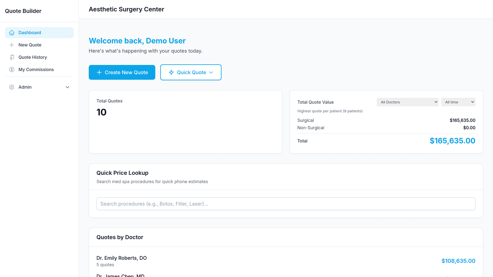 MySurgeryQuote dashboard showing $165,635 in quote value across active patients with a Create New Quote button