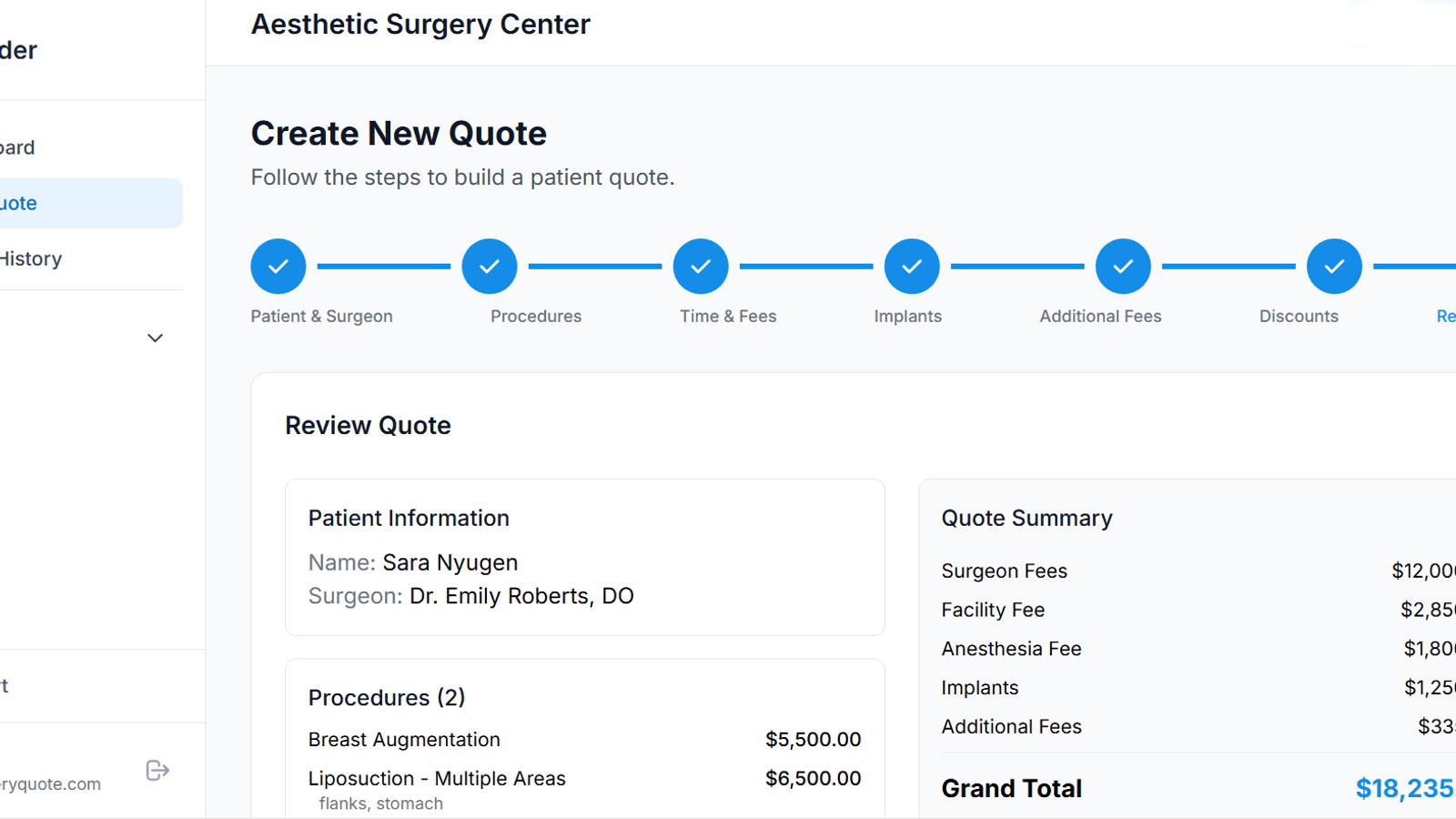 MySurgeryQuote itemized quote review showing surgeon, facility, anesthesia, implant, and additional fees before the PDF sends to the Nextech chart