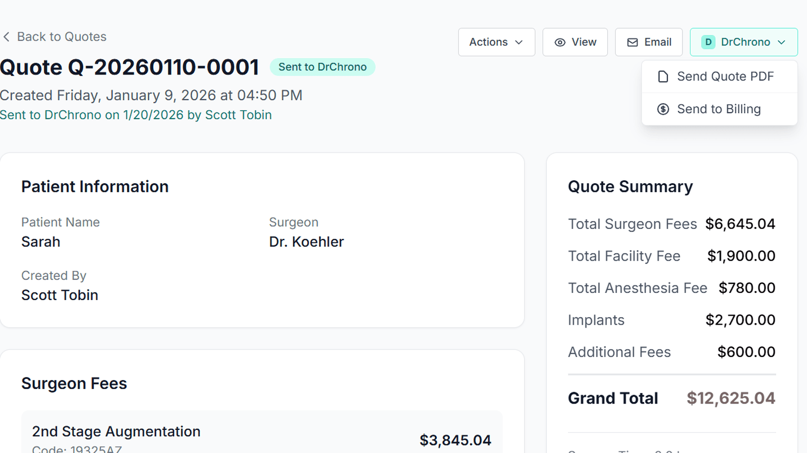 MySurgeryQuote quote breakdown showing surgeon fees, facility fee, anesthesia, implants, and additional fees totaling $12,625, sent to DrChrono