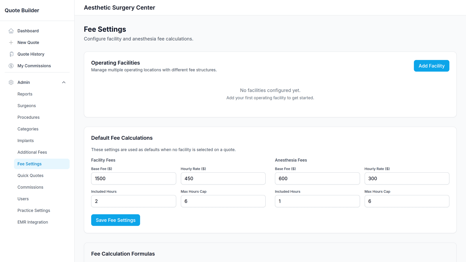 MySurgeryQuote fee settings showing base fee, hourly rate, included hours, and max cap with the calculation formula