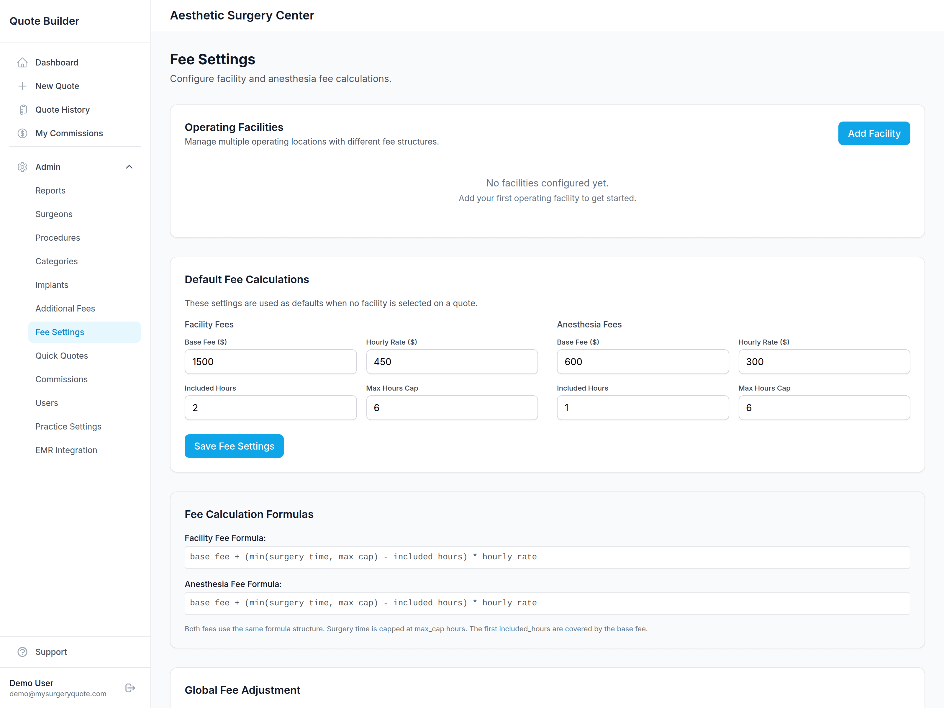 Facility and anesthesia fees, calculated automatically