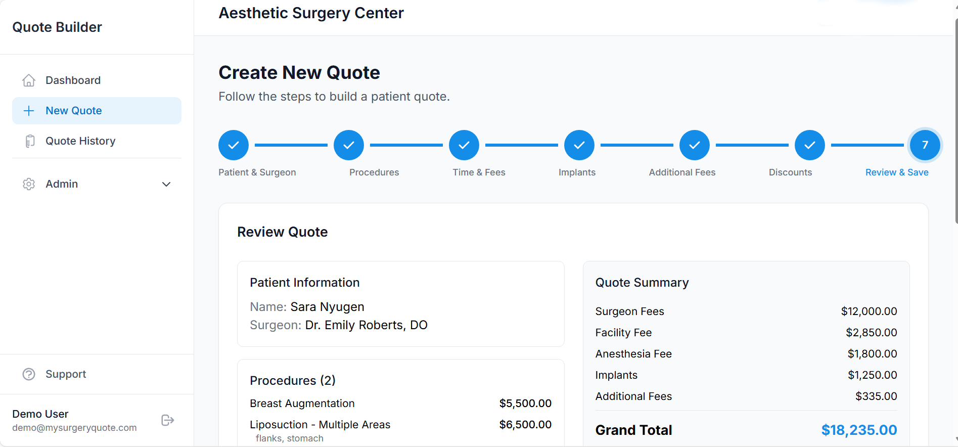 MySurgeryQuote itemized quote review with surgeon, facility, anesthesia, implant, and additional fees broken out