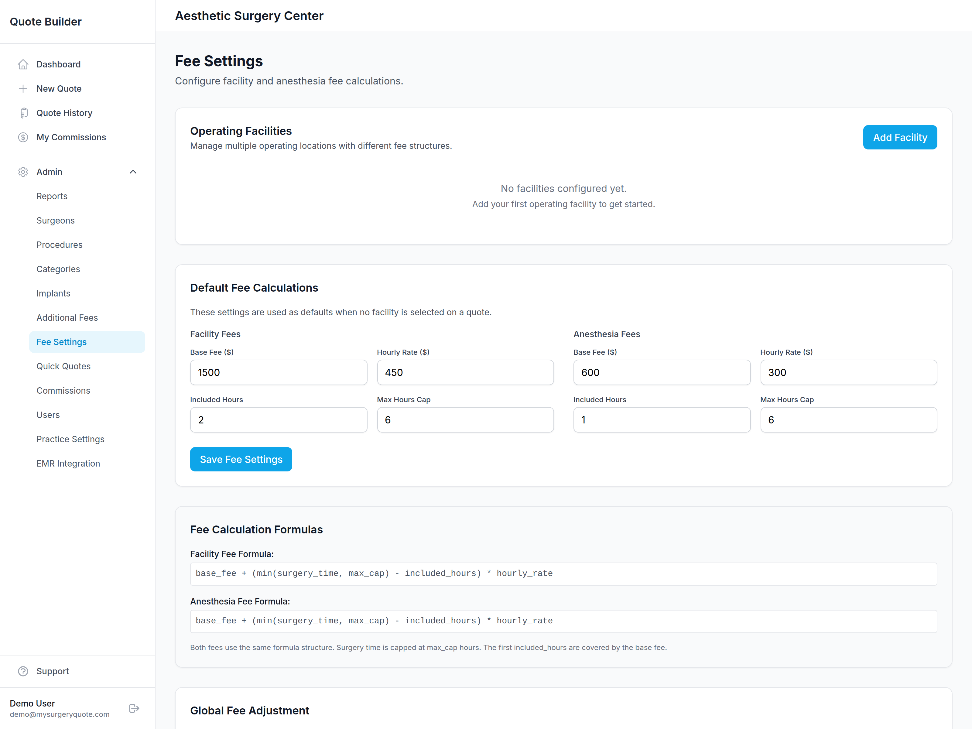 MySurgeryQuote fee settings with base fee, hourly rate, included hours, and max cap